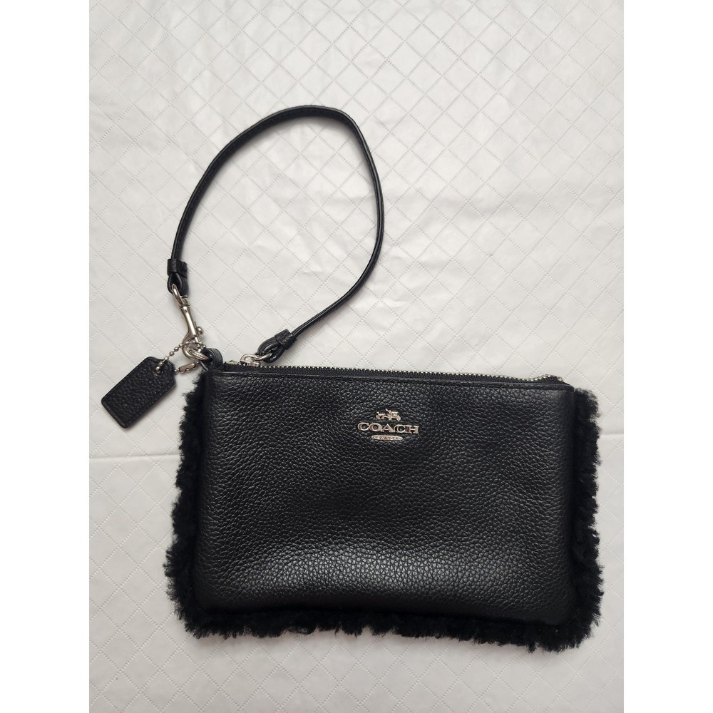 Coach Clutch Wristlet Womens Small Black Leather Shearling Pouch Wrist Strap